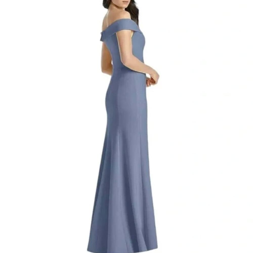 NWT Dessy Collection Off The Shoulder Notch‎ Trumpet Gown in Lark Blue 3038
